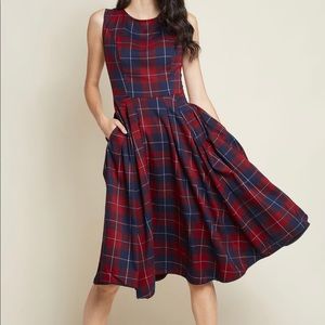 Retro Vibe Fit And Flair Plaid Midi Dress